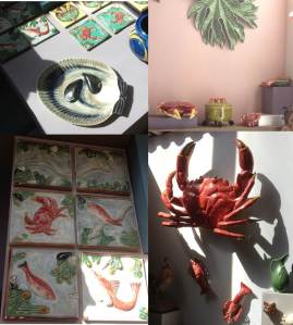 Blandade havsinspirerade fat, grytor och kakelplattor. Jag gillar krabbgrytan.