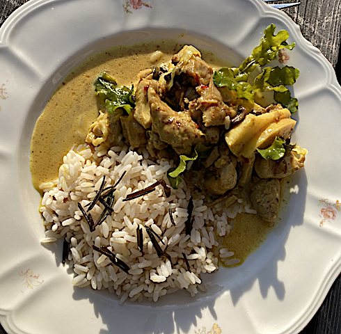 Curry gryta med kyckling o ris.